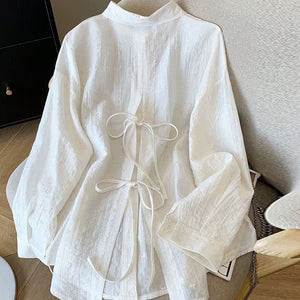 Elegant Solid-Color Crepe Loose-Fit Shirt Cardigan Women's Top